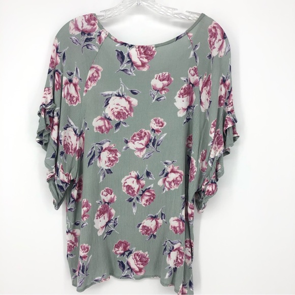 Umgee Floral Pink Rose Print Ruffle Sleeve Blouse Size Medium - Picture 6 of 6
